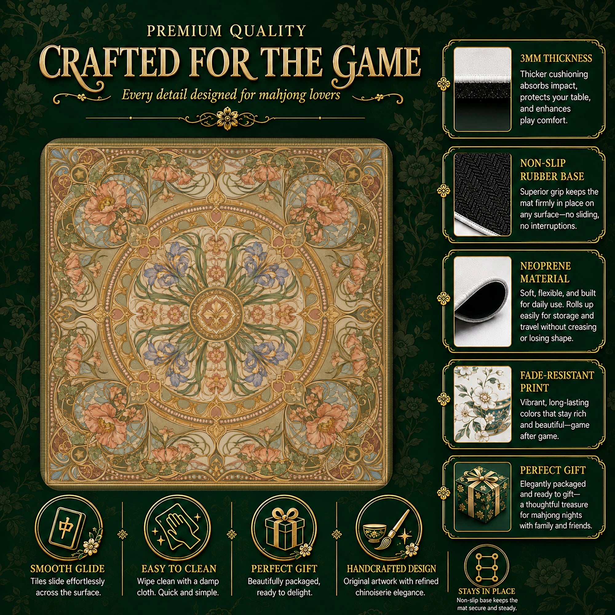 Art Nouveau Bloom Mahjong Mat – neoprene mah jongg table mat