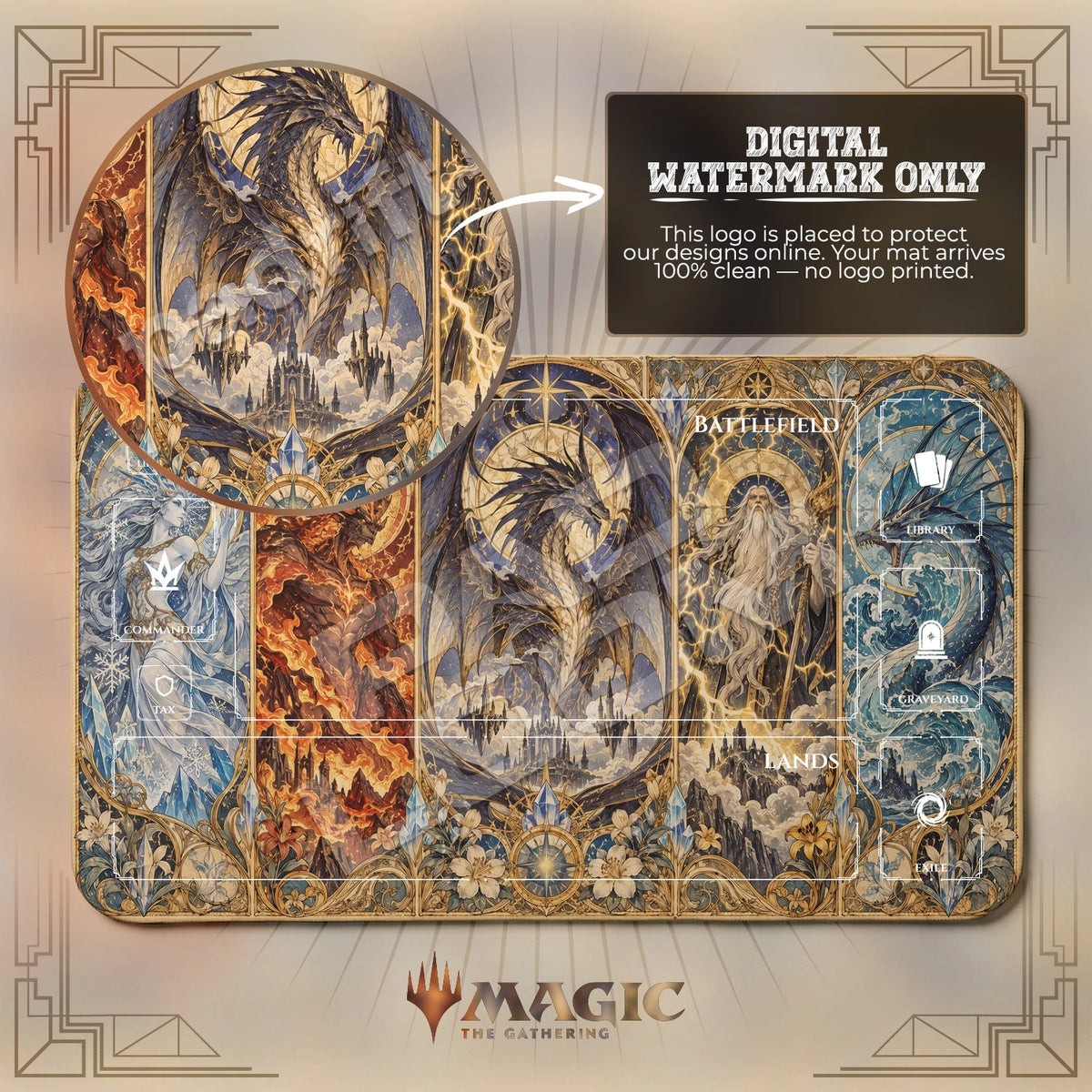 Art Nouveau Dragon MTG playmat with zones; the Padloom watermark is digital only, not printed