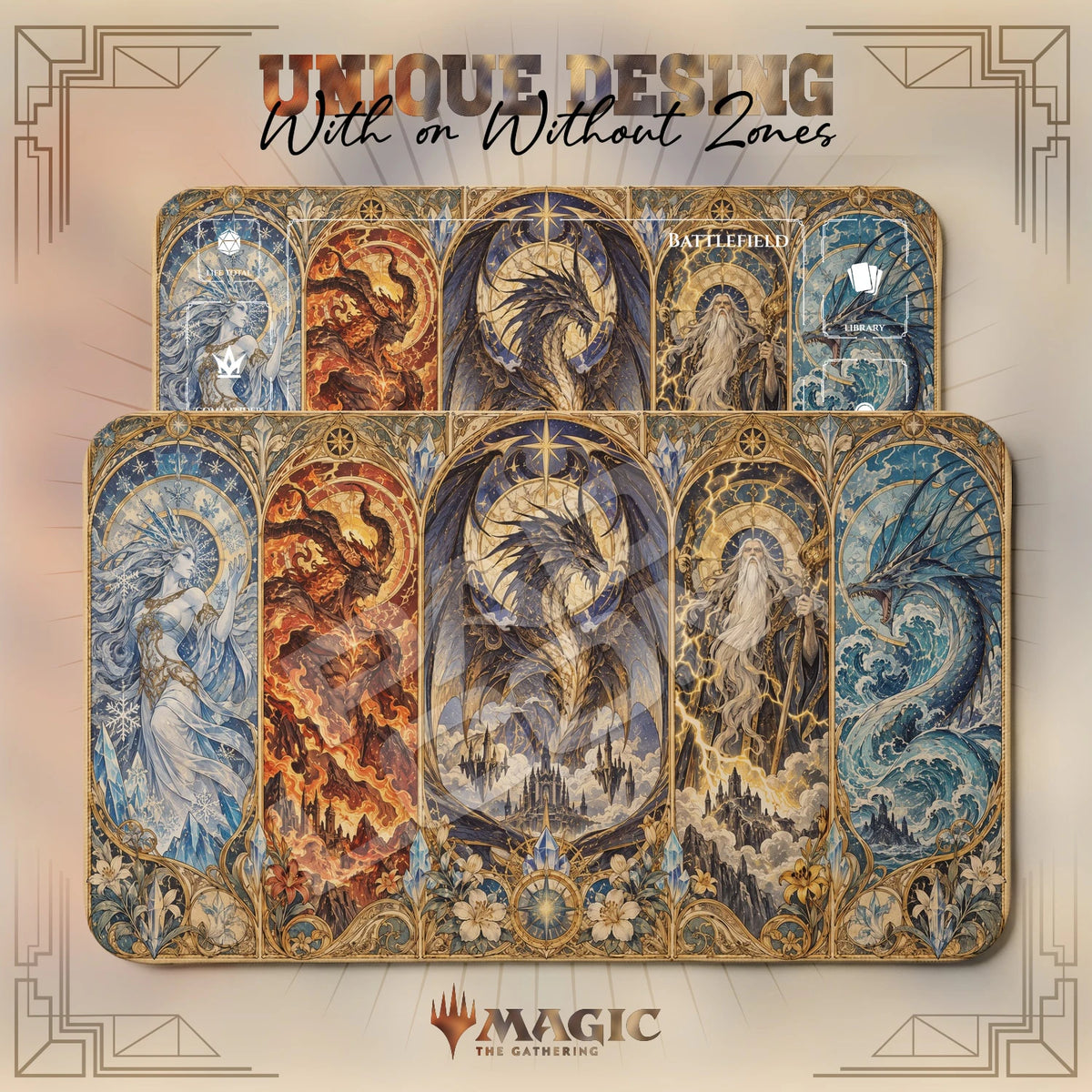 Art Nouveau Dragon MTG playmat shown with zones and without zones