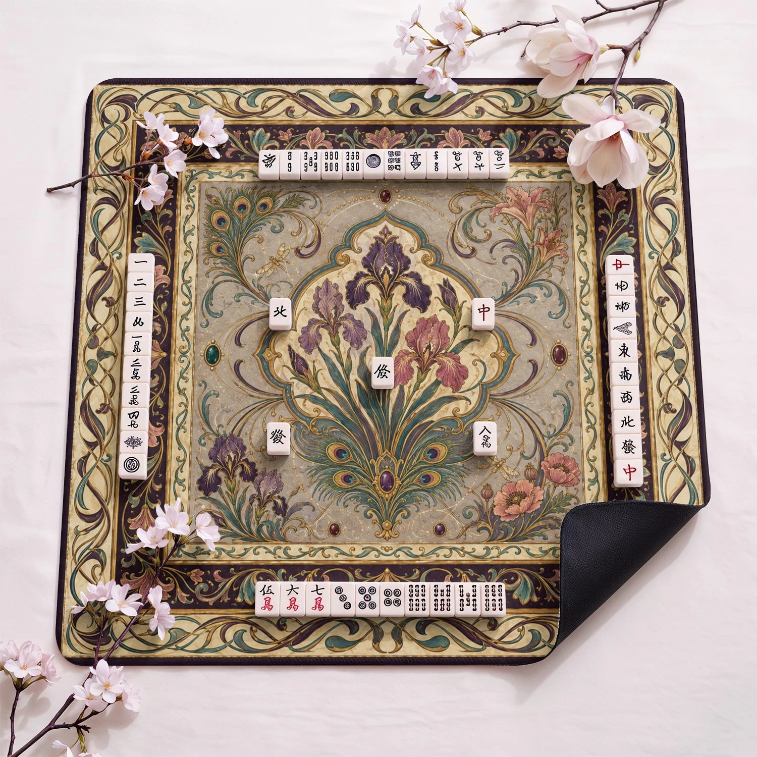 Art Nouveau Iris design close-up on mahjong mat surface