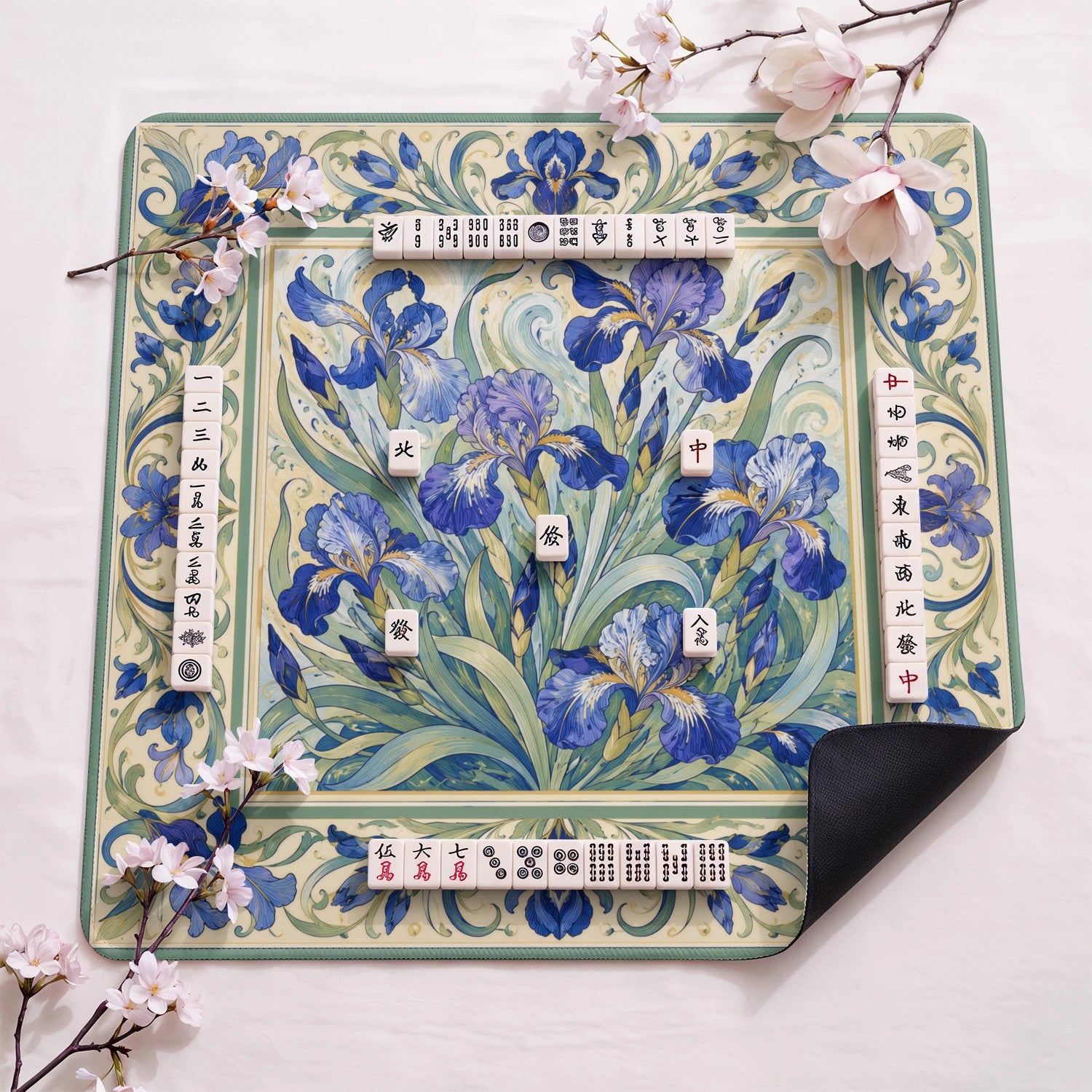 Art Nouveau Iris design close-up on mahjong mat surface
