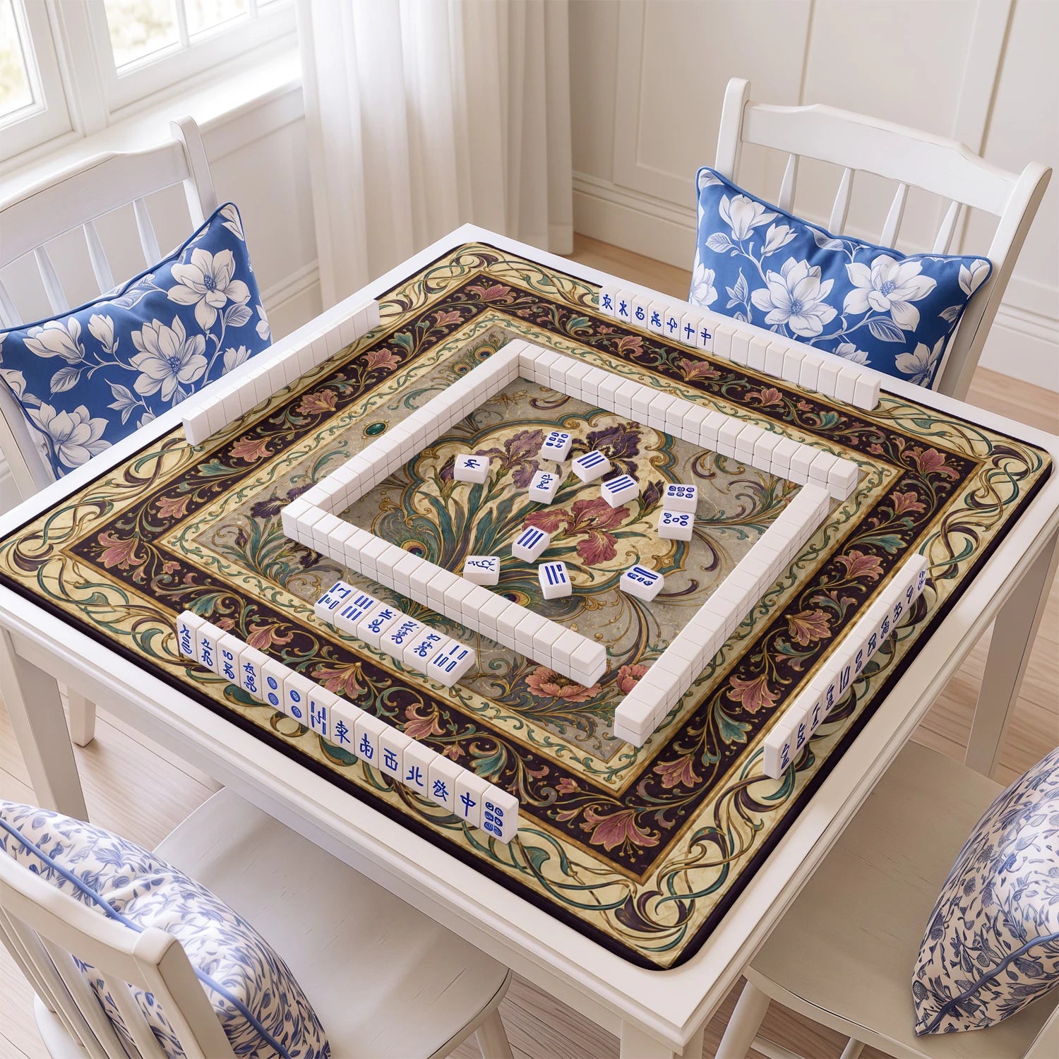 Art Nouveau Iris mahjong mat with tiles and racks on the table