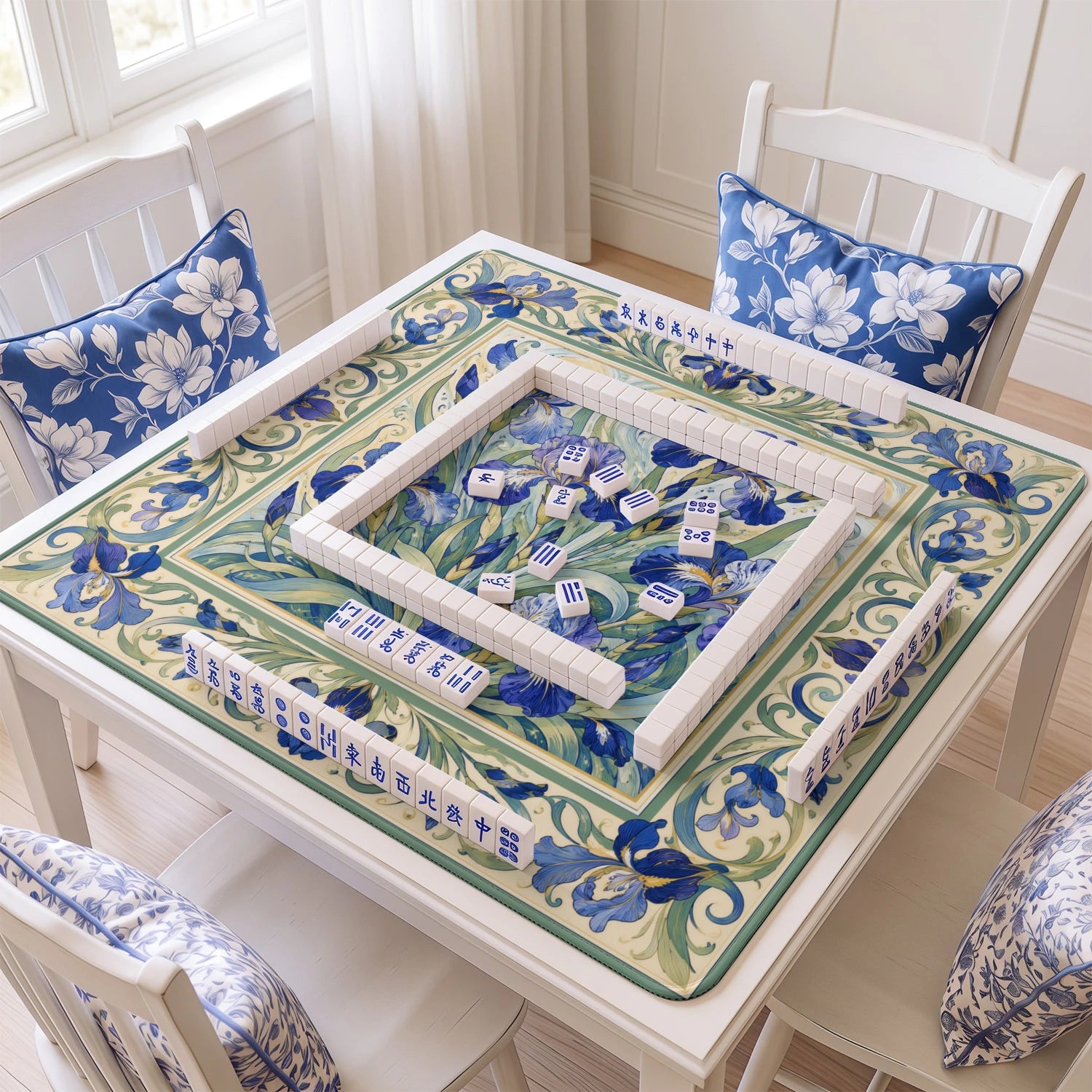 Art Nouveau Iris mahjong mat with tiles and racks on the table