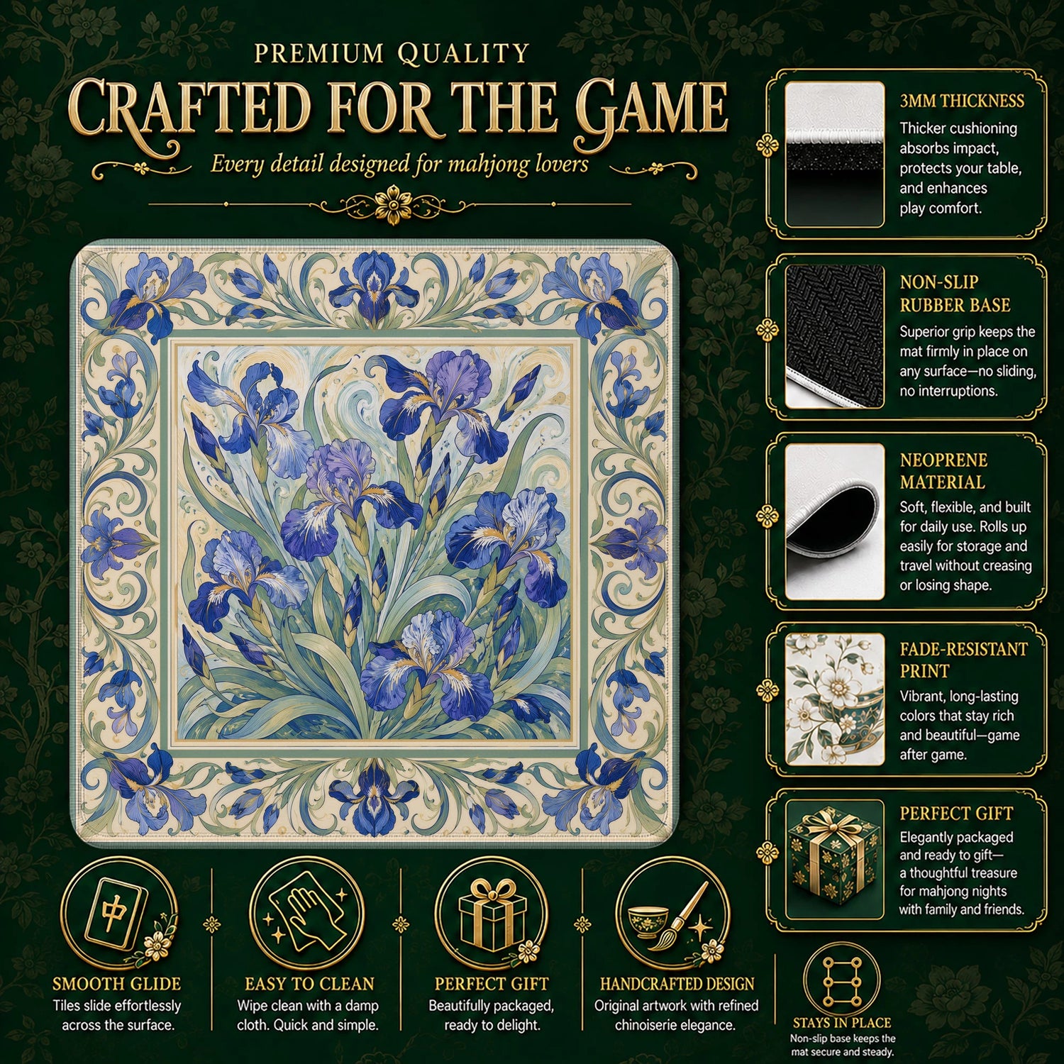 Art Nouveau Iris Mahjong Mat – neoprene mah jongg table mat