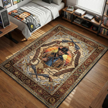 Arthur Morgan portrait with revolvers in vintage western card style gaming area rug and floor mat