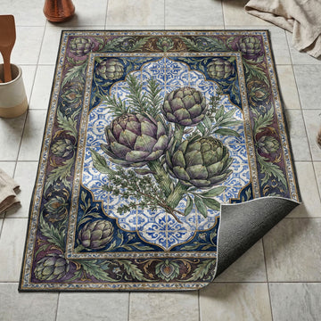 Three artichokes with rosemary and thyme kitchen mat on blue tile and purple botanical border