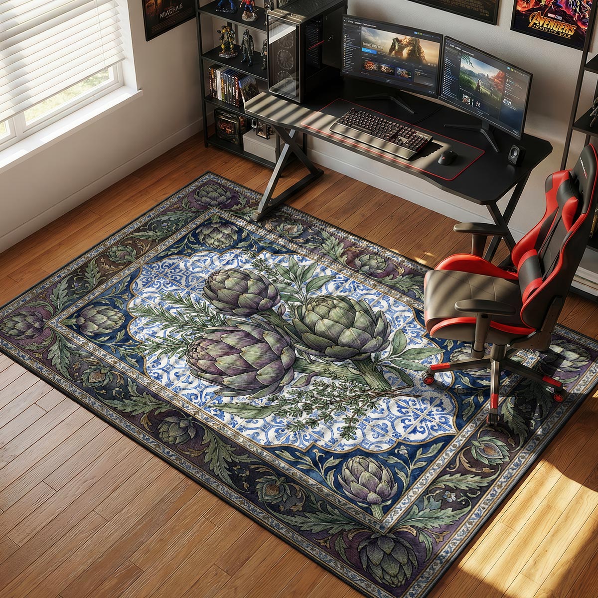 Artichoke herb kitchen rug on stone floor near a marble counter and olive oil bottle
