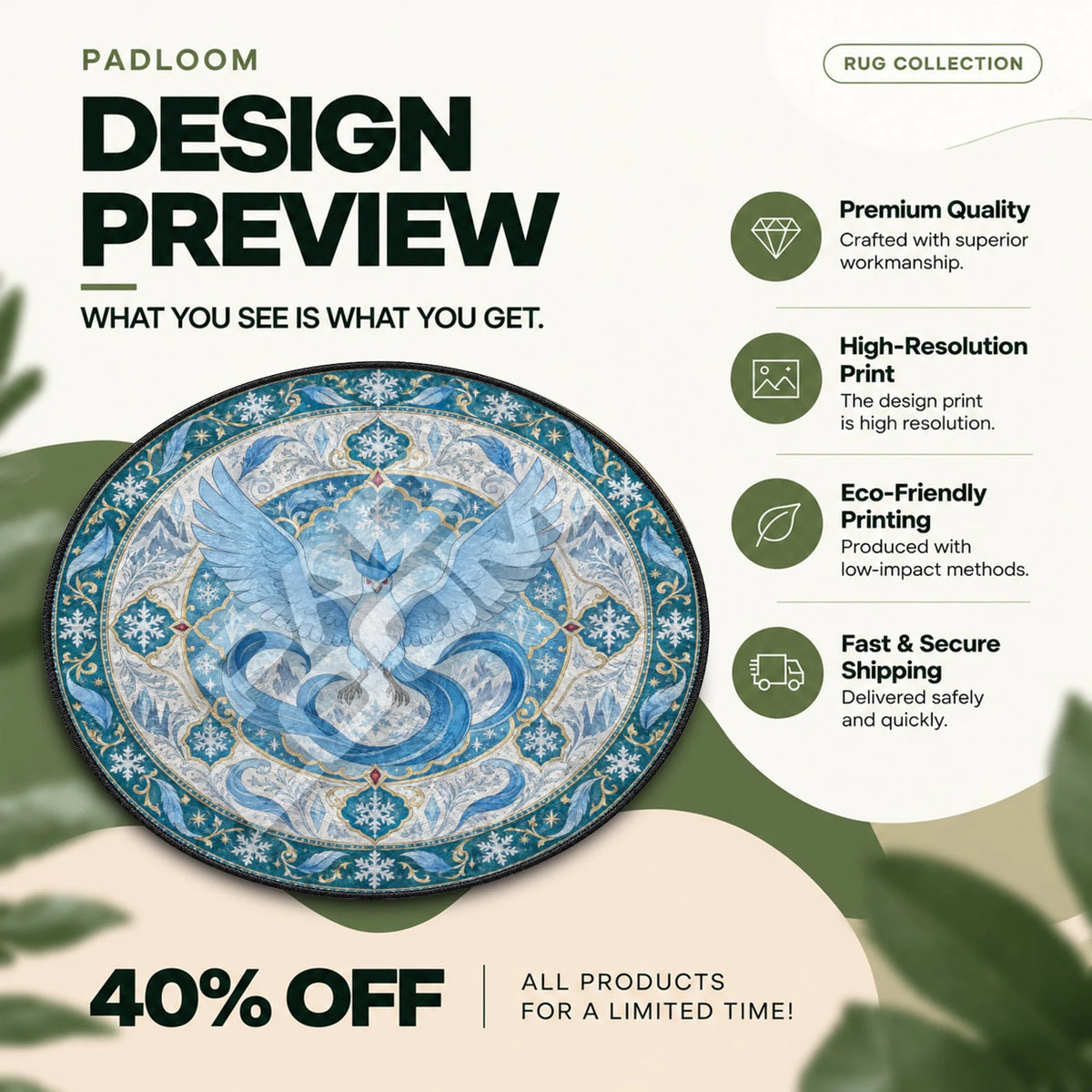 Articuno Soaring Pokemon round rug full design preview