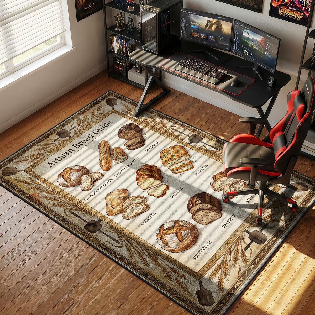 Artisan bread guide kitchen rug on warm hardwood floor near a farmhouse oven and flour jar