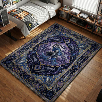 Artorias the Abysswalker surrounded by dark purple void energy medieval tarot style gaming area rug and floor mat