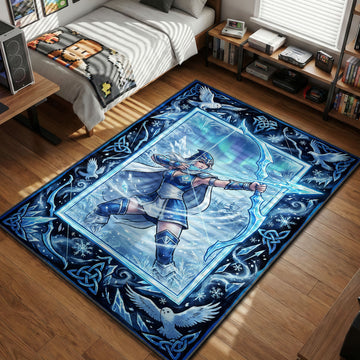 Ashe aiming true ice bow with snowy owls and celtic frost patterns in winter fantasy style gaming area rug and floor mat