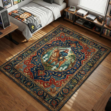 Ashitaka riding Yakul elk in forest with Kodama spirits vintage Persian art style area rug and floor mat