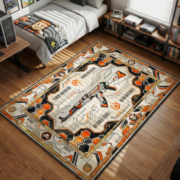 Futuristic Asiimov AK-47 rifle with orange and white circuit board patterns gaming area rug and floor mat