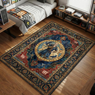 Askeladd standing on ancient map with ravens and runes in ornate Nordic art style area rug and floor mat