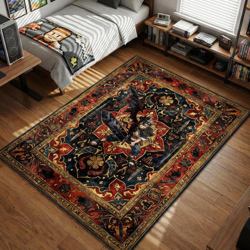 Asta wielding Demon Slayer sword on intricate red and blue oriental pattern area rug and floor mat