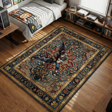 Asta wielding Demon Slayer sword in black form integrated into ornate blue and red oriental pattern area rug and floor mat