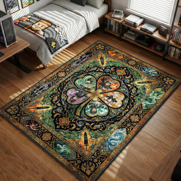 Black Clover Asta Yuno and Noelle portraits inside five leaf clover grimoire design area rug and floor mat