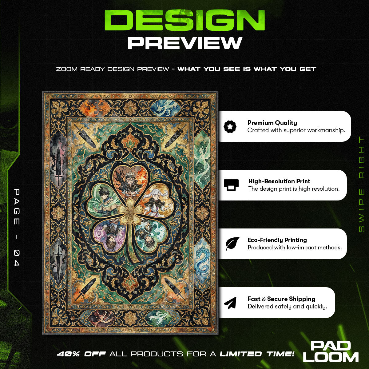 Asta Five Leaf Grimoire Rug - Black Clover Chair Mat