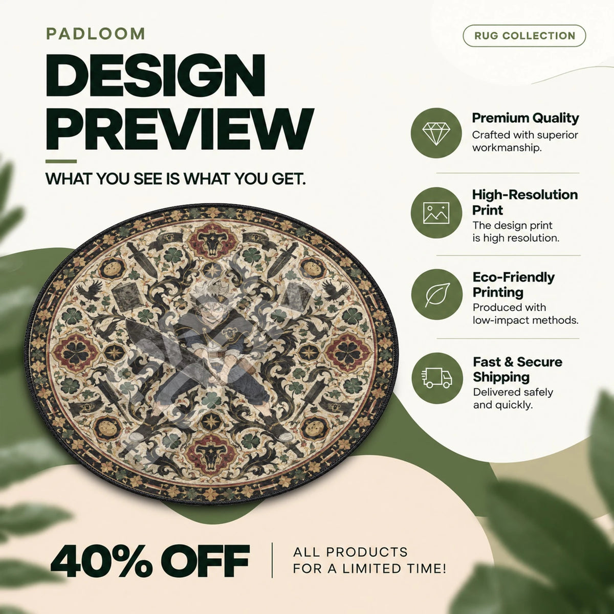 Asta Lunging Black Clover round rug full design preview