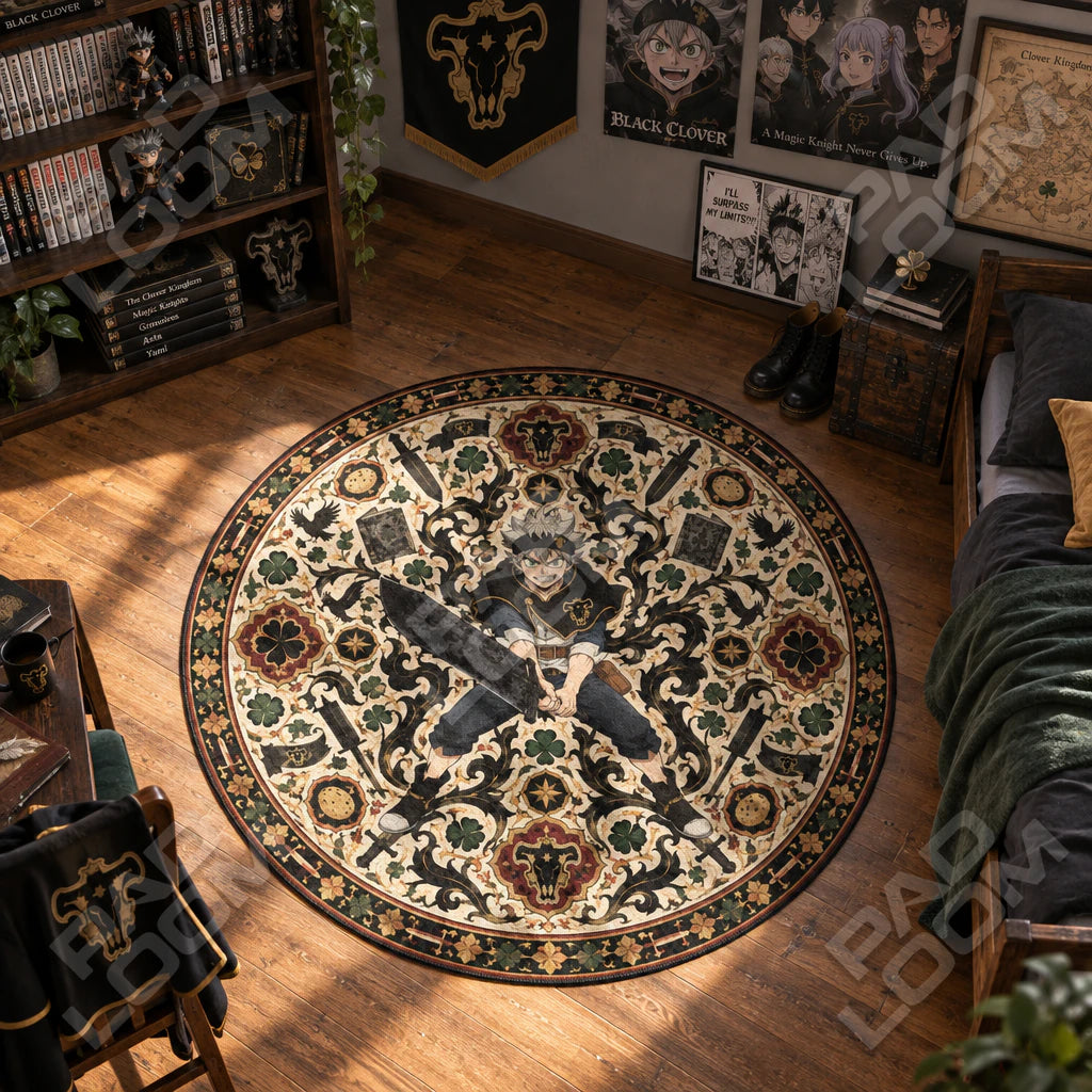 Asta Lunging Black Clover round rug on a bedroom floor - Black Clover chair mat