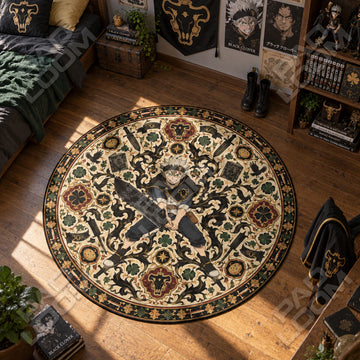 Asta Lunging round rug shown in a styled room - Black Clover area rug