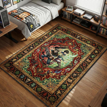 Black Clover Asta wielding anti-magic sword and Yuno casting wind magic ornate tapestry design area rug and floor mat