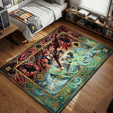 Split design featuring Asta with red anti-magic and Yuno with green wind magic in ornate dual-colored area rug and floor mat
