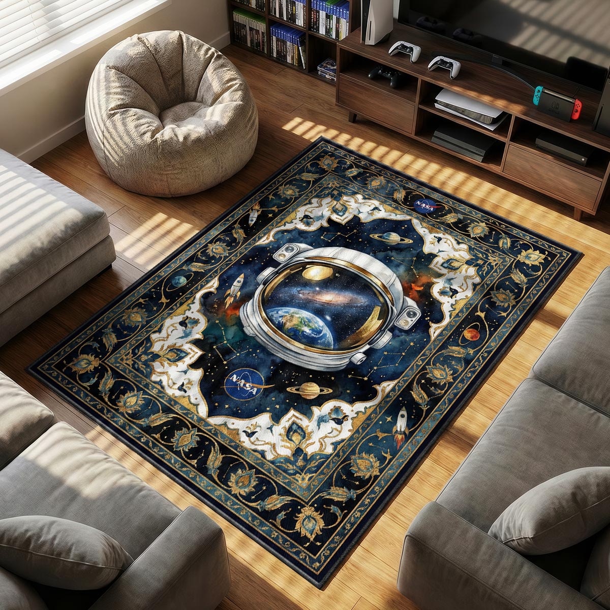 Close-up of astronaut rug showing galaxy visor reflection and gold border on velvet surface