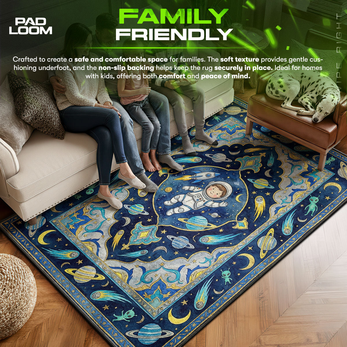 Astronaut area rug showing full Space artwork