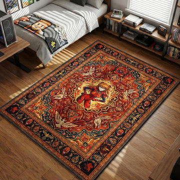 Asuka Langley Soryu in red plugsuit surrounded by stylized flames and Unit-02 motifs woven into a Persian area rug and floor mat