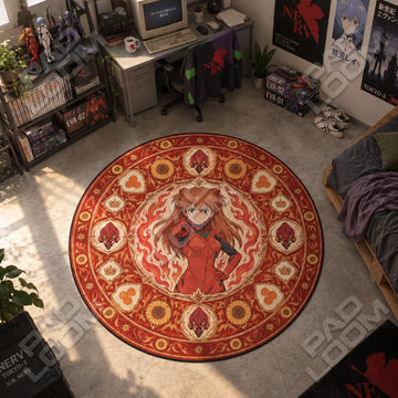 Asuka Pointing Evangelion round rug on a bedroom floor - Evangelion chair mat