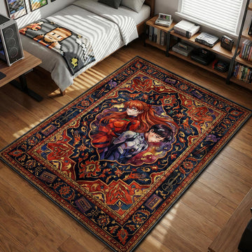 Asuka and Shinji standing back to back with cassette tapes and cello motifs Persian art style area rug and floor mat