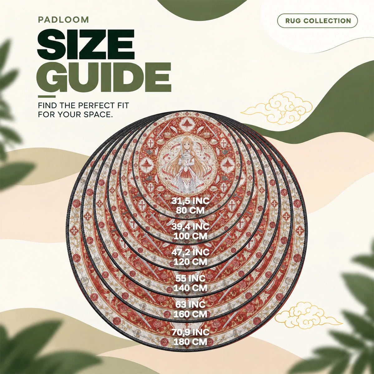 Asuna Rapier round rug size guide, 80 to 180 cm (31.5 to 70.9 in)
