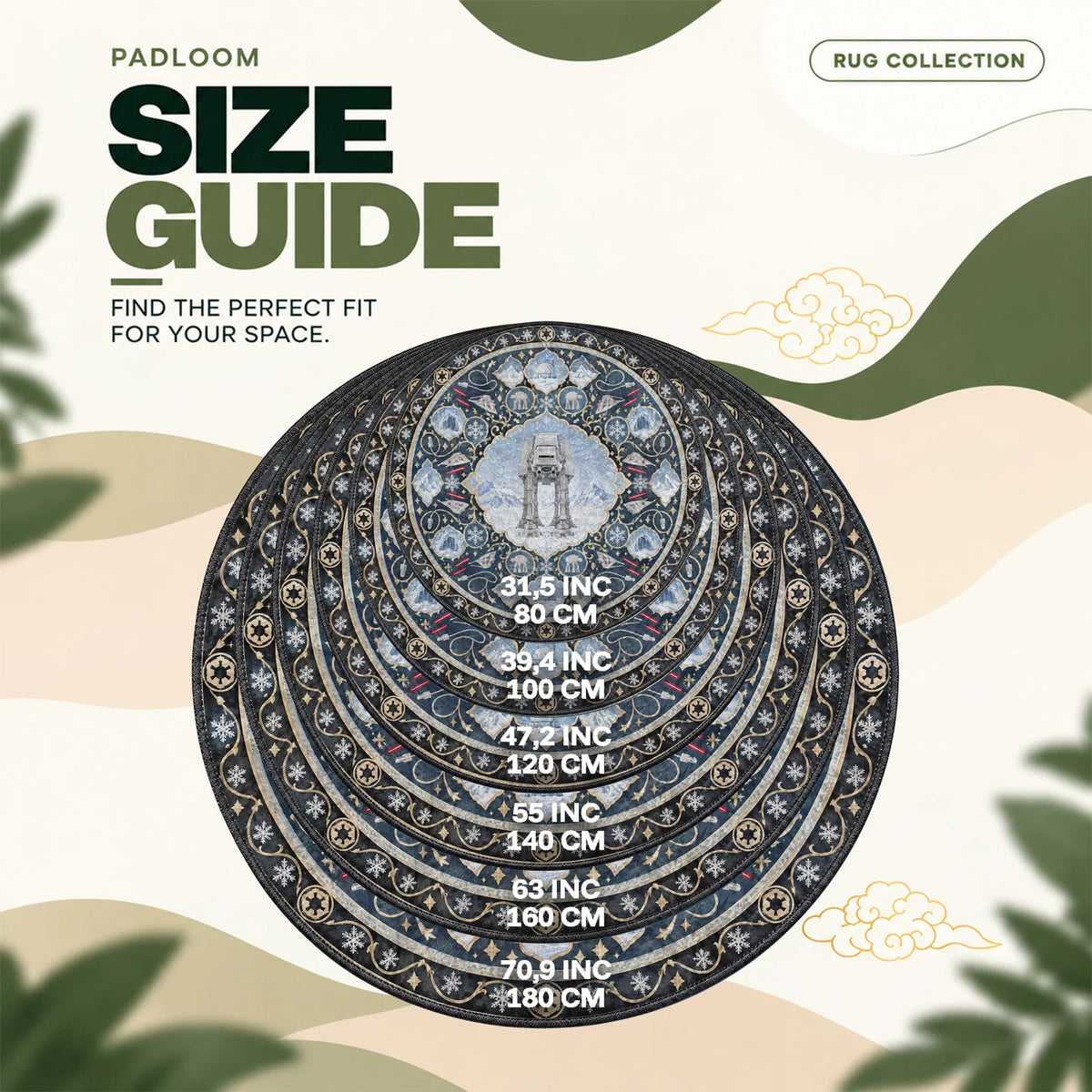 AT-AT Snowbound round rug size guide, 80 to 180 cm (31.5 to 70.9 in)