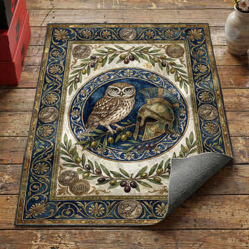 Greek mythology Athena owl area rug with Corinthian helmet olive branches and Athenian coins