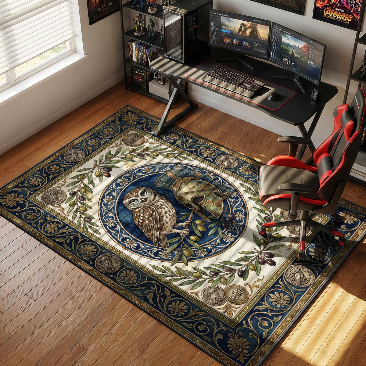 Athena owl rug placed in a home office with dark wood desk brass lamp and bookshelves