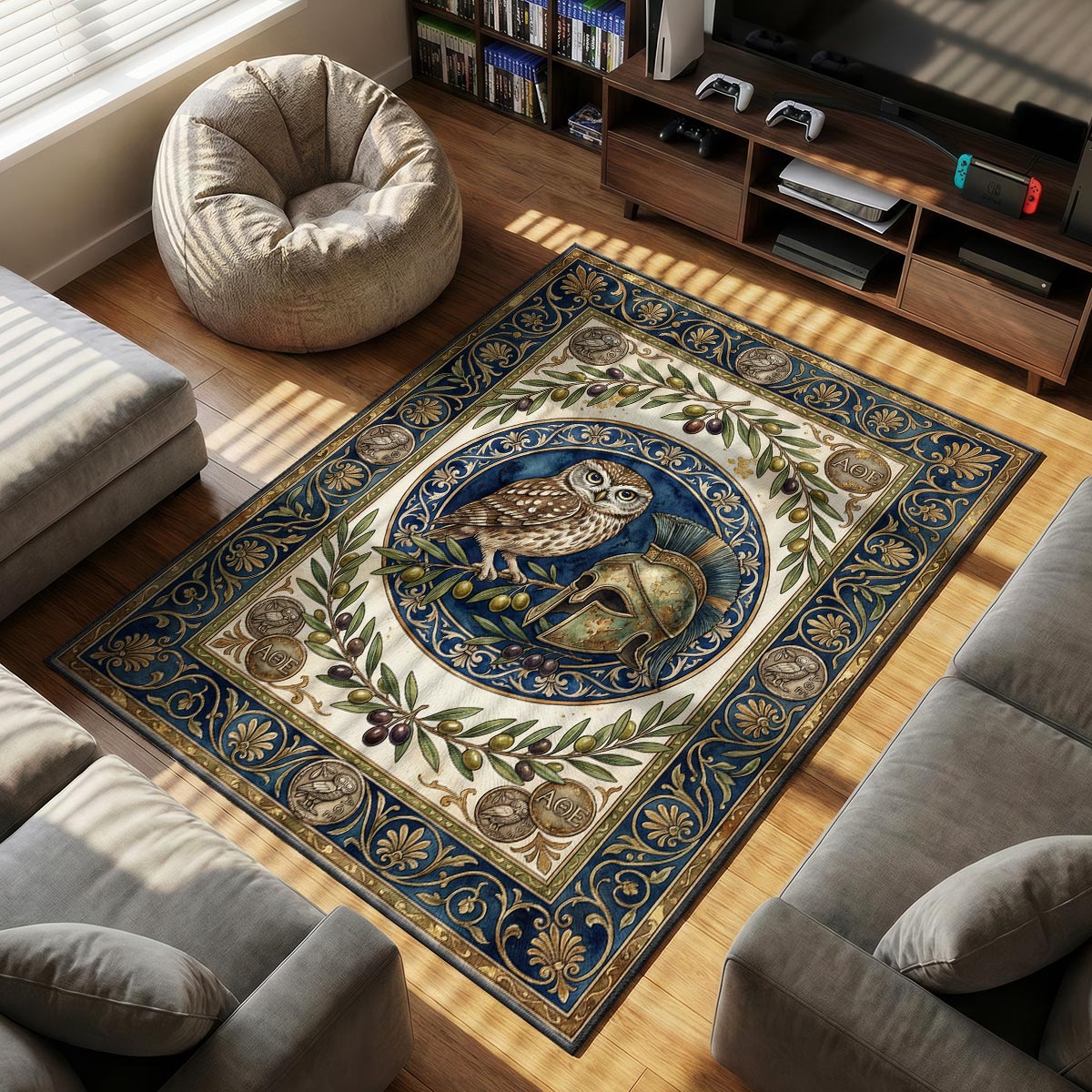 Detail of Athena rug showing owl feather texture and Athenian coin stamp on velvet fiber