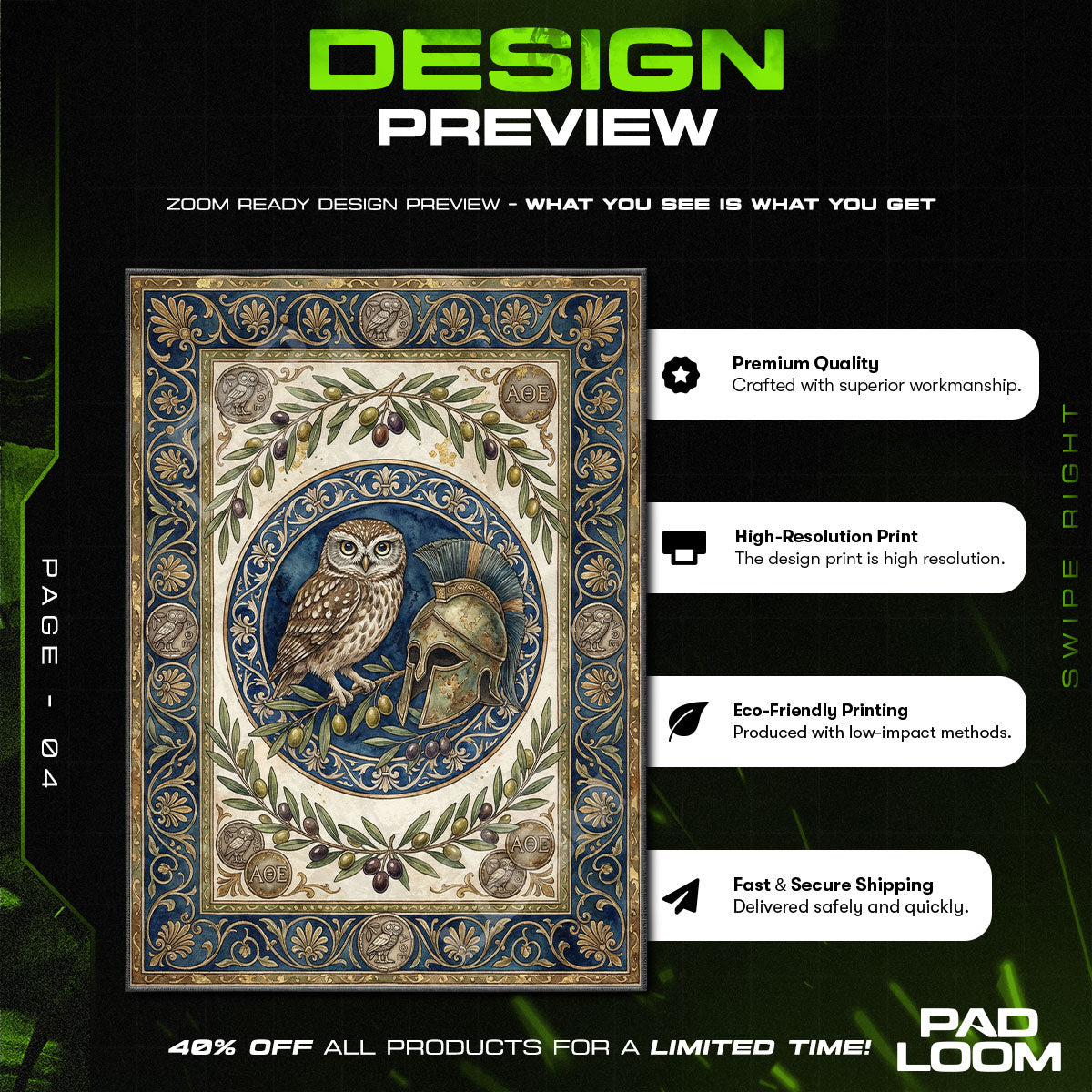 Athena's Owl & Helmet Greek Mythology Area rug — main product view