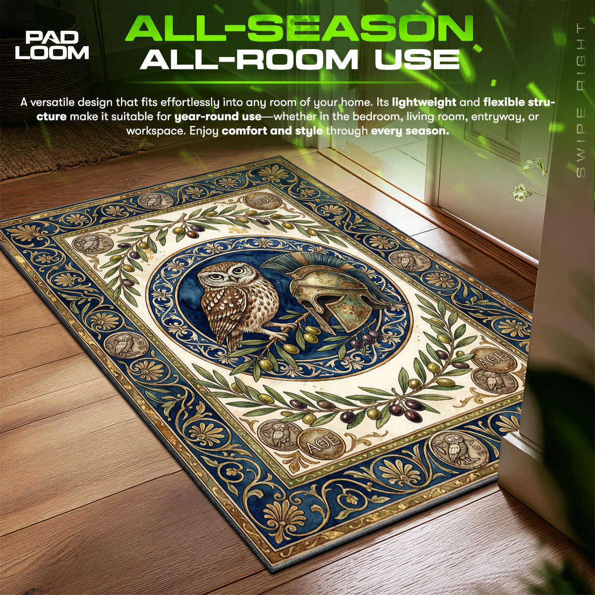 Detailed close-up of Athena's rug pattern