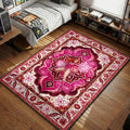 Atom Eve hovering and projecting pink energy spheres ornate traditional Persian magenta art style movie themed area rug and home theater mat