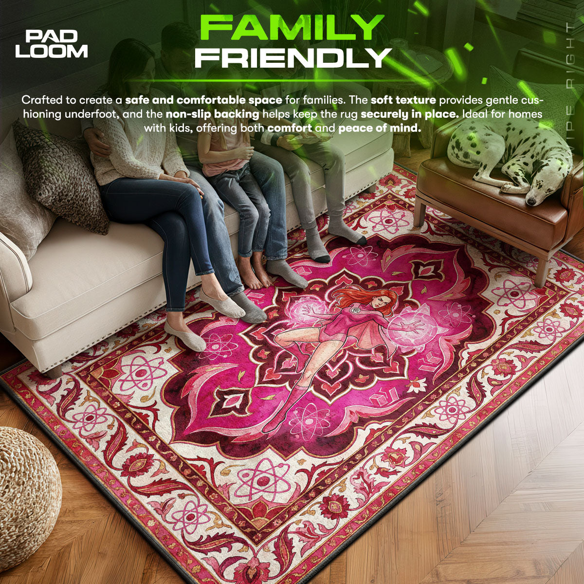 Atom area rug showing full home decor artwork
