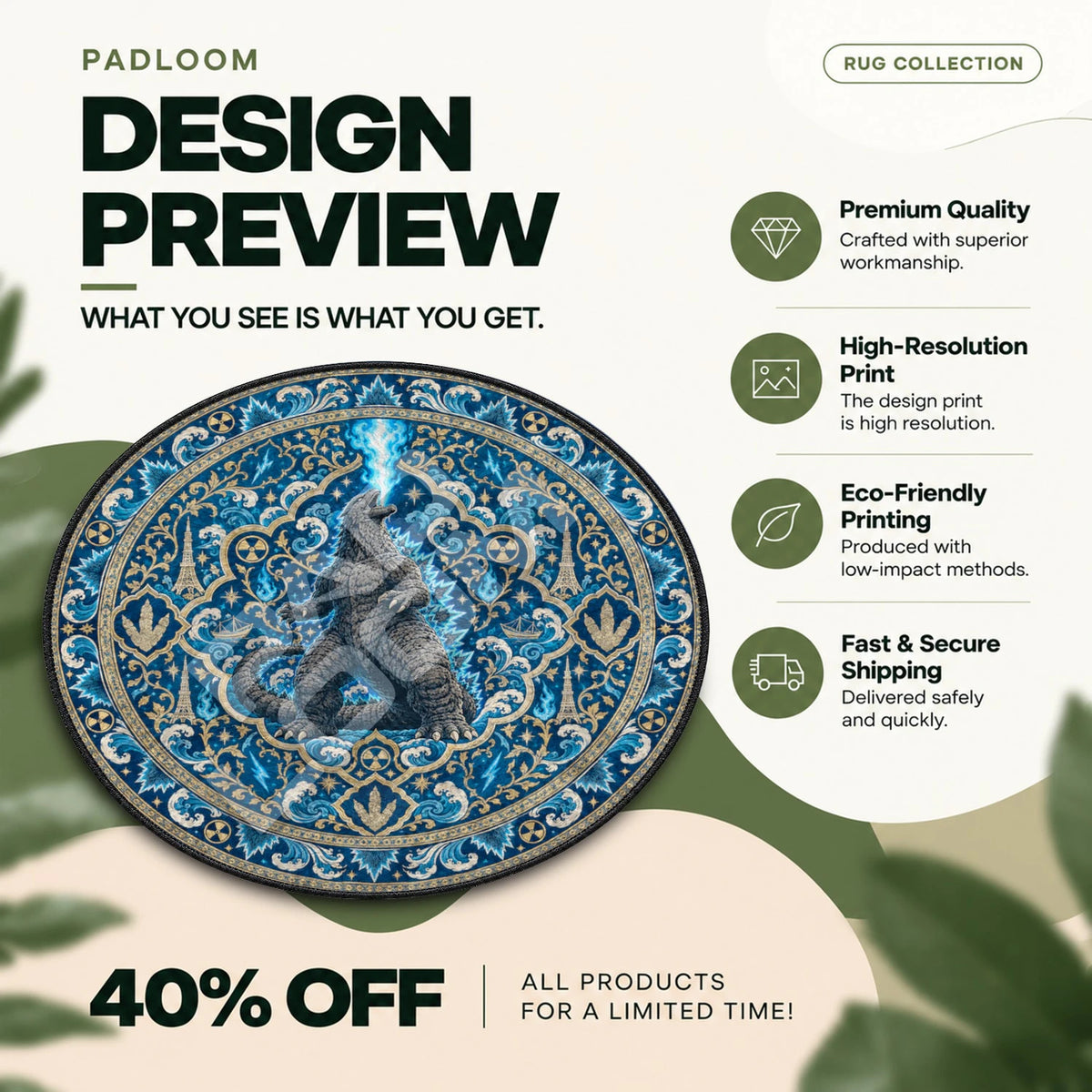 Atomic Breath Godzilla round rug full design preview