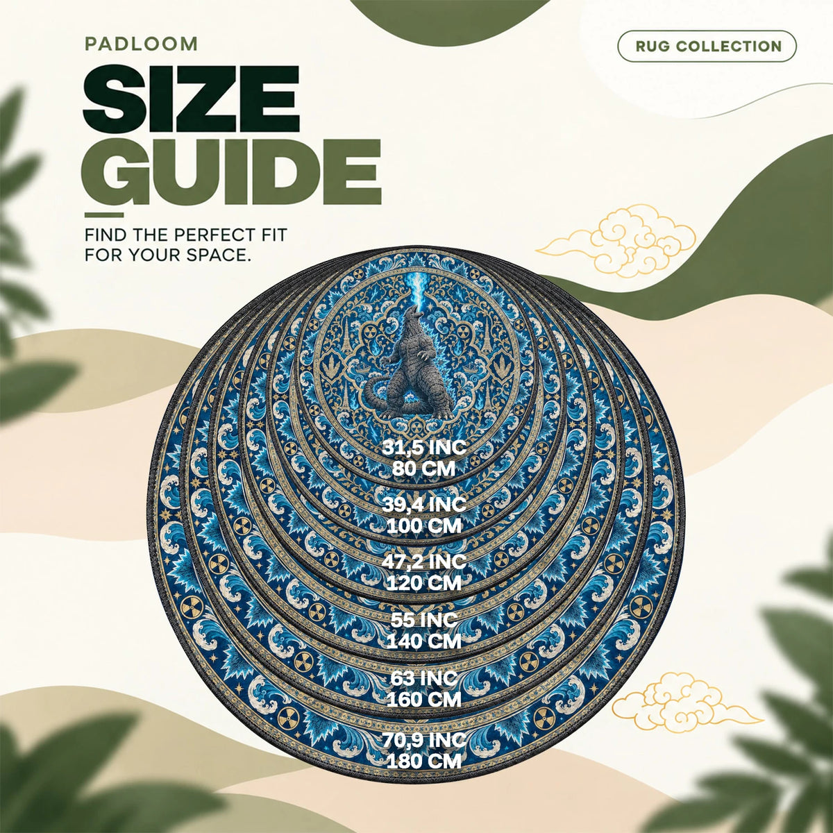 Atomic Breath round rug size guide, 80 to 180 cm (31.5 to 70.9 in)