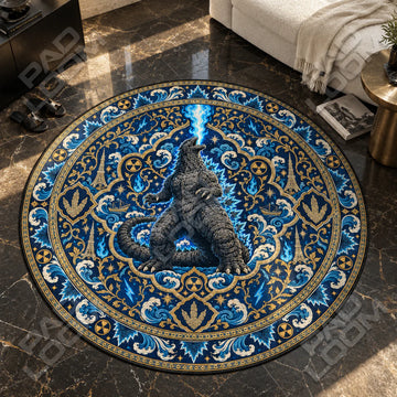 Atomic Breath Godzilla round rug on a bedroom floor - Godzilla chair mat
