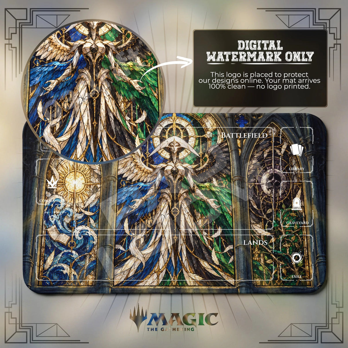 Atraxa Cathedral MTG playmat with zones; the Padloom watermark is digital only, not printed