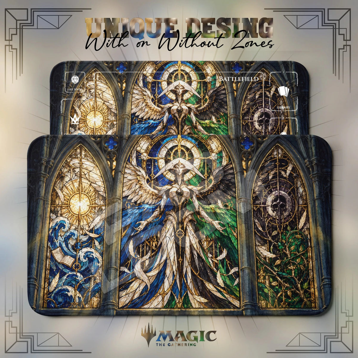 Atraxa Cathedral MTG playmat shown with zones and without zones