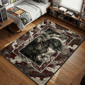 Detailed illustration of Eren Yeager as the Attack Titan roaring, framed by red muscle fibers and chains, Attack on Titan anime style rectangular rug.