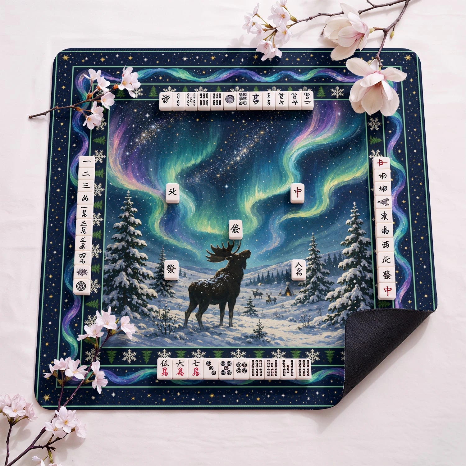 Aurora Moose design close-up on mahjong mat surface