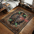Rust Auto Turret with red laser sight and bullet holes industrial art style gaming area rug and floor mat