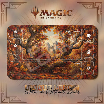 Autumn Forest Castle MTG playmat, brown and orange art with play zones, 24 x 14 in